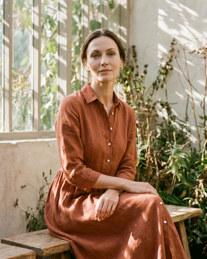 Woman wearing a flowing linen dress in natural light