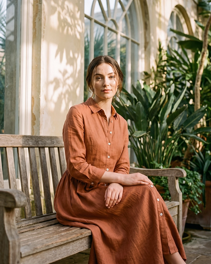 Woman wearing a flowing linen dress in natural light