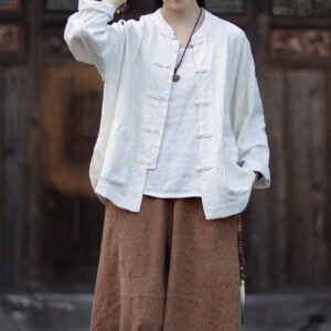 Chinese-style double-breasted linen shirt, loose fit, stand collar, with buttons on the front
