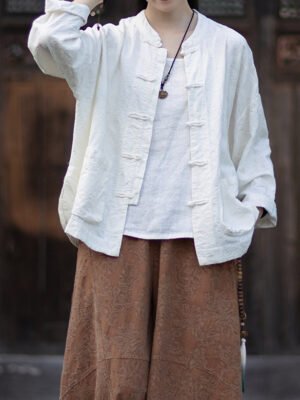 Chinese-style double-breasted linen shirt, loose fit, stand collar, with buttons on the front
