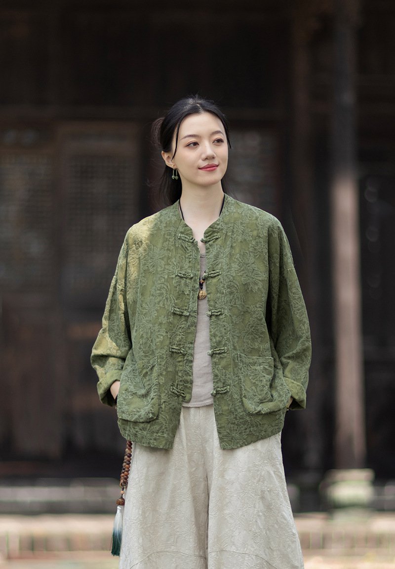 Chinese-style double-breasted linen shirt, loose fit, stand collar, with buttons on the front