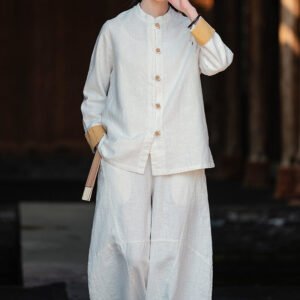 Cotton and linen women's button-up shirt top tea dress