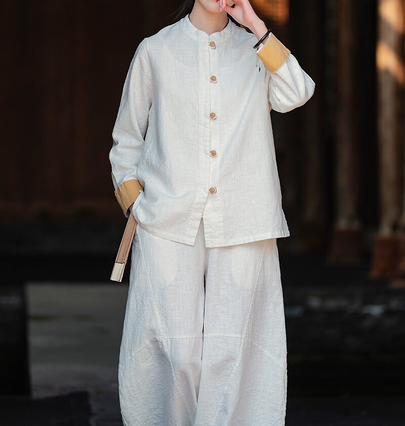 Cotton and linen women's button-up shirt top tea dress