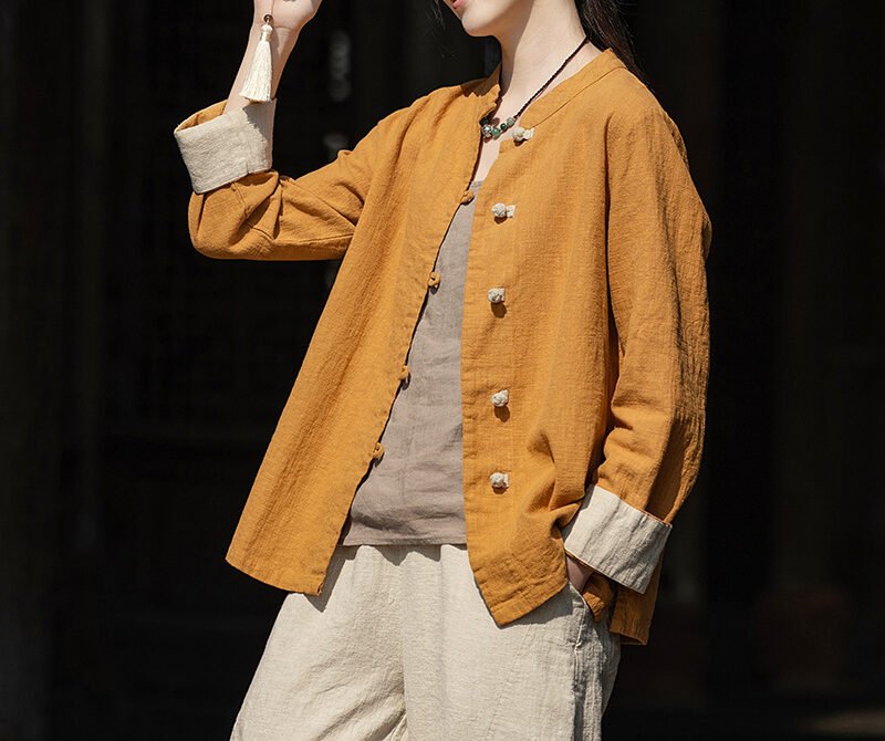 Cotton and linen women's button-up shirt top tea dress