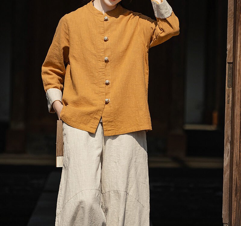 Cotton and linen women's button-up shirt top tea dress