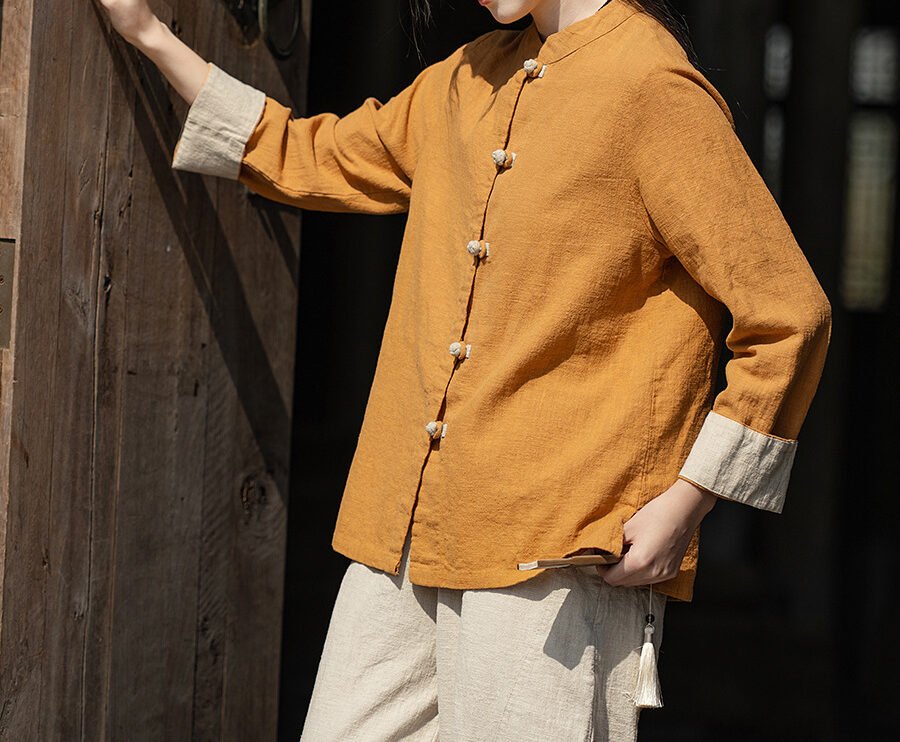 Cotton and linen women's button-up shirt top tea dress