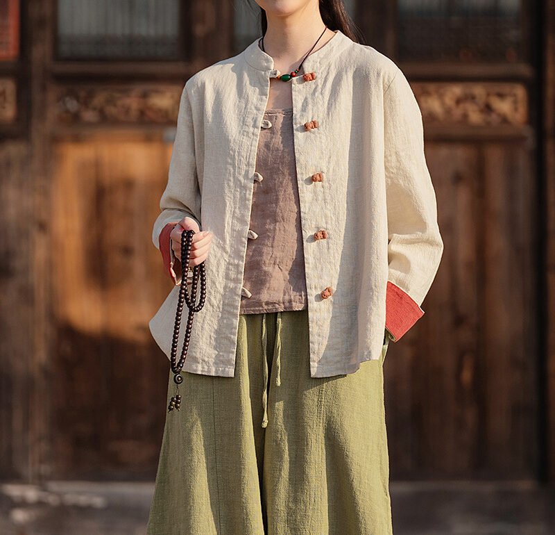 Cotton and linen women's button-up shirt top tea dress