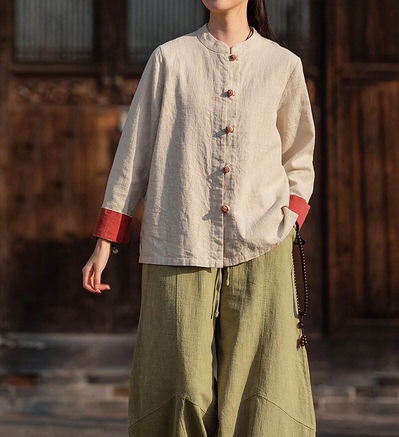 Cotton and linen women's button-up shirt top tea dress