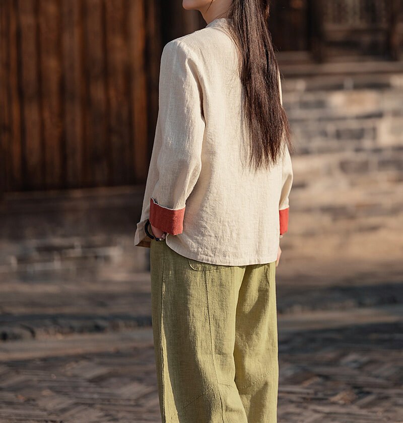 Cotton and linen women's button-up shirt top tea dress