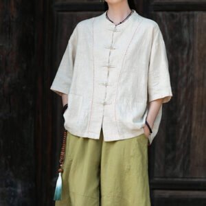 Women's cotton and linen handmade sewn button-up top