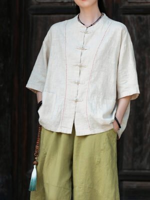 Cotton and linen women's handmade sewn button-up top