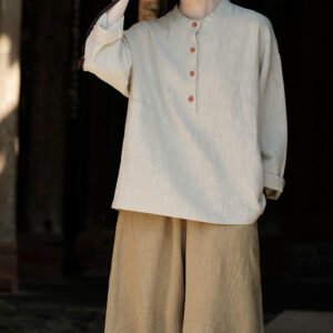 Women's Cotton and linen stand collar pullover shirt