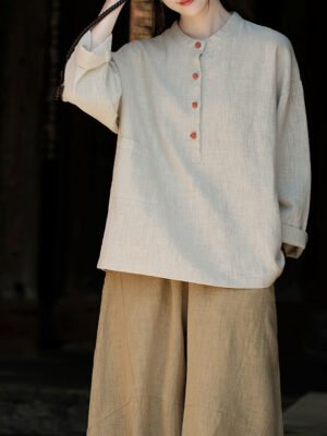 Women's Cotton and linen stand collar pullover shirt