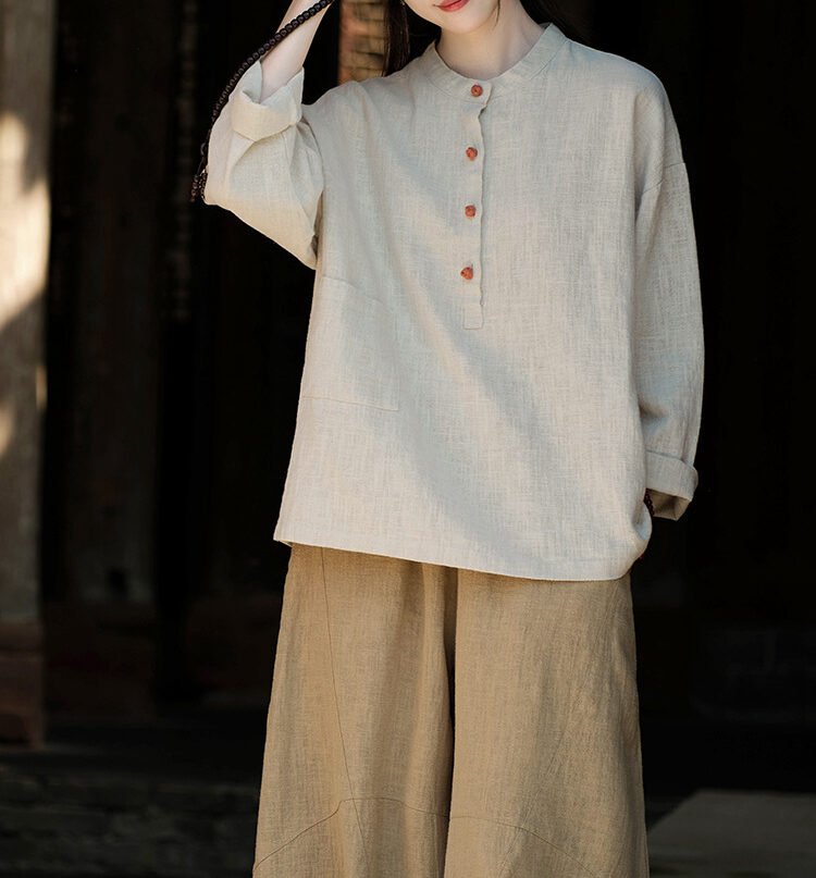 Cotton and linen women's stand collar color-block button-up pullover shirt in large size