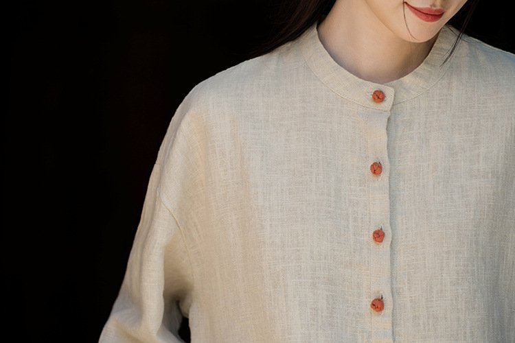 Cotton and linen women's stand collar color-block button-up pullover shirt in large size