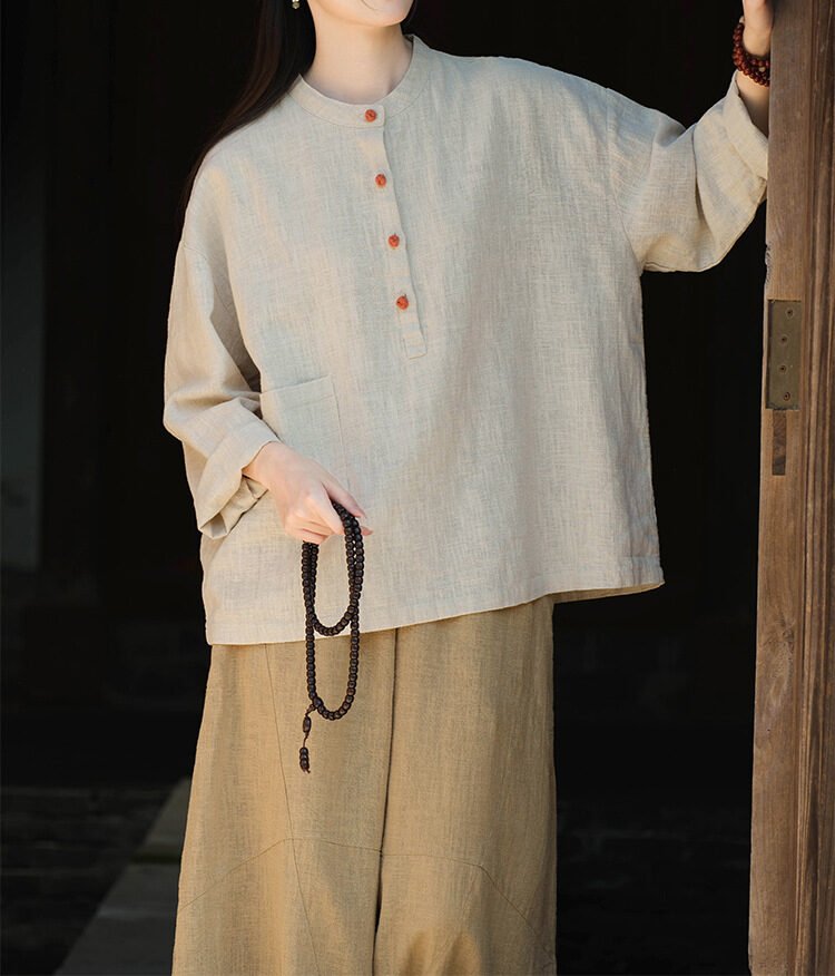 Cotton and linen women's stand collar color-block button-up pullover shirt in large size