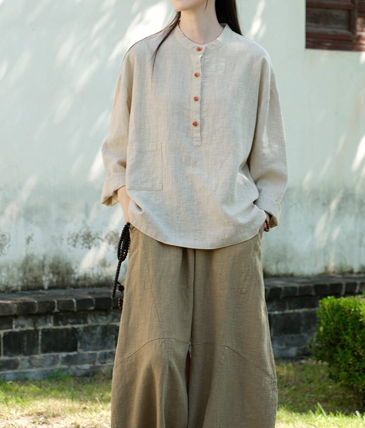 Cotton and linen women's stand collar color-block button-up pullover shirt in large size