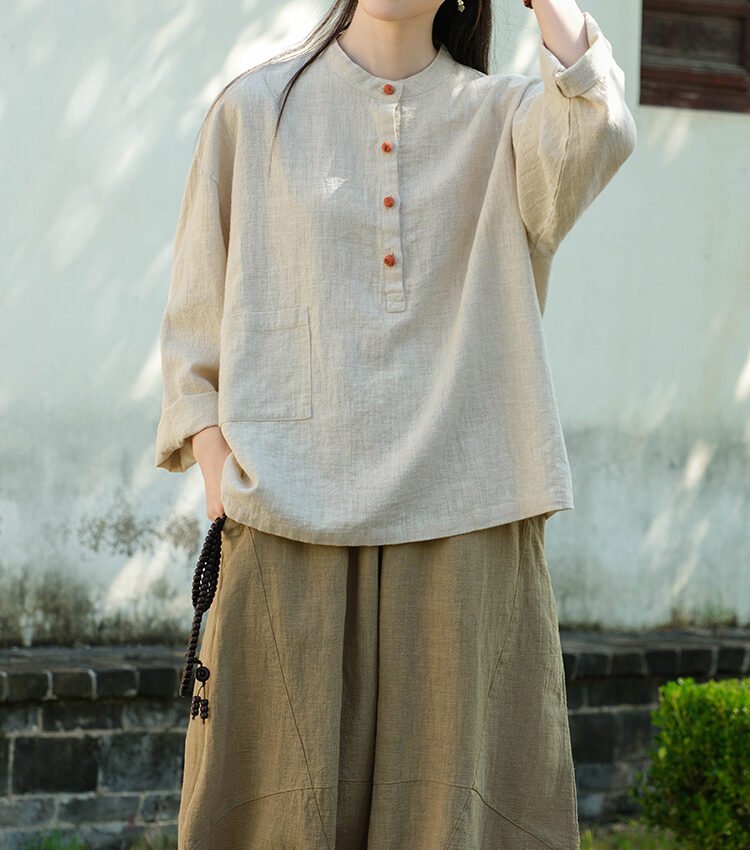 Cotton and linen women's stand collar color-block button-up pullover shirt in large size