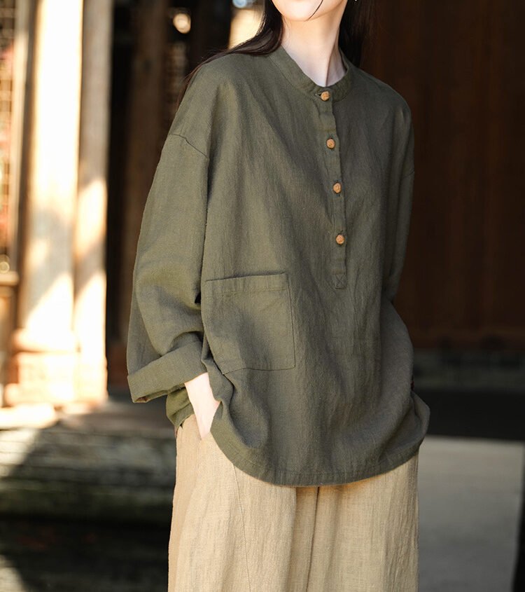 Cotton and linen women's stand collar color-block button-up pullover shirt in large size