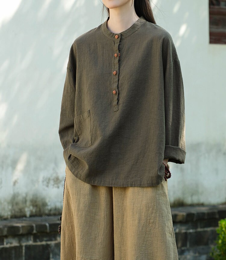 Cotton and linen women's stand collar color-block button-up pullover shirt in large size