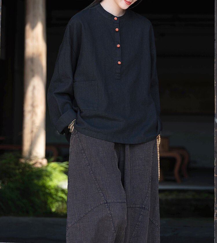 Cotton and linen women's stand collar color-block button-up pullover shirt in large size