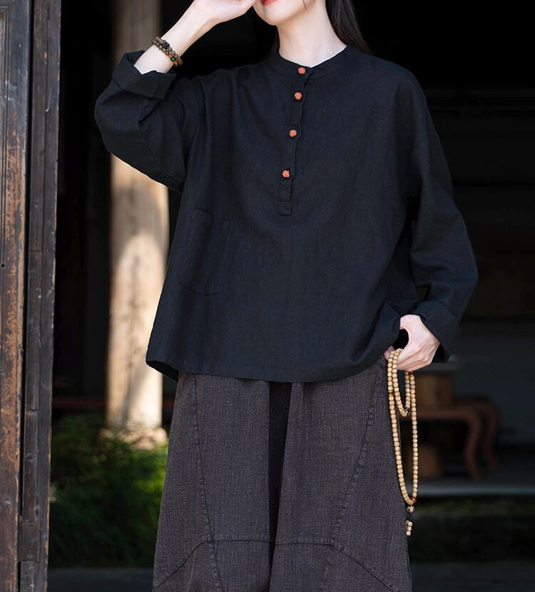 Cotton and linen women's stand collar color-block button-up pullover shirt in large size