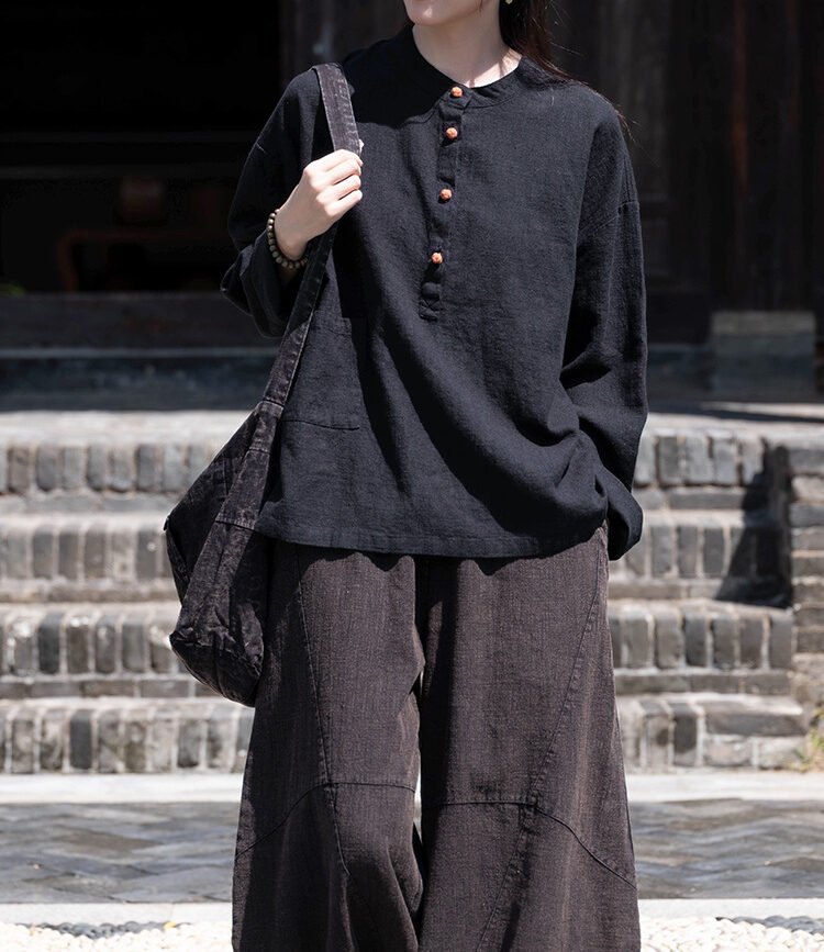 Cotton and linen women's stand collar color-block button-up pullover shirt in large size