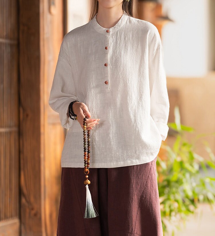 Cotton and linen women's stand collar color-block button-up pullover shirt in large size
