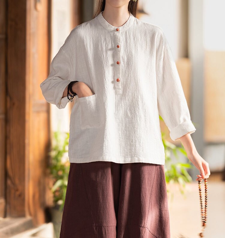 Cotton and linen women's stand collar color-block button-up pullover shirt in large size