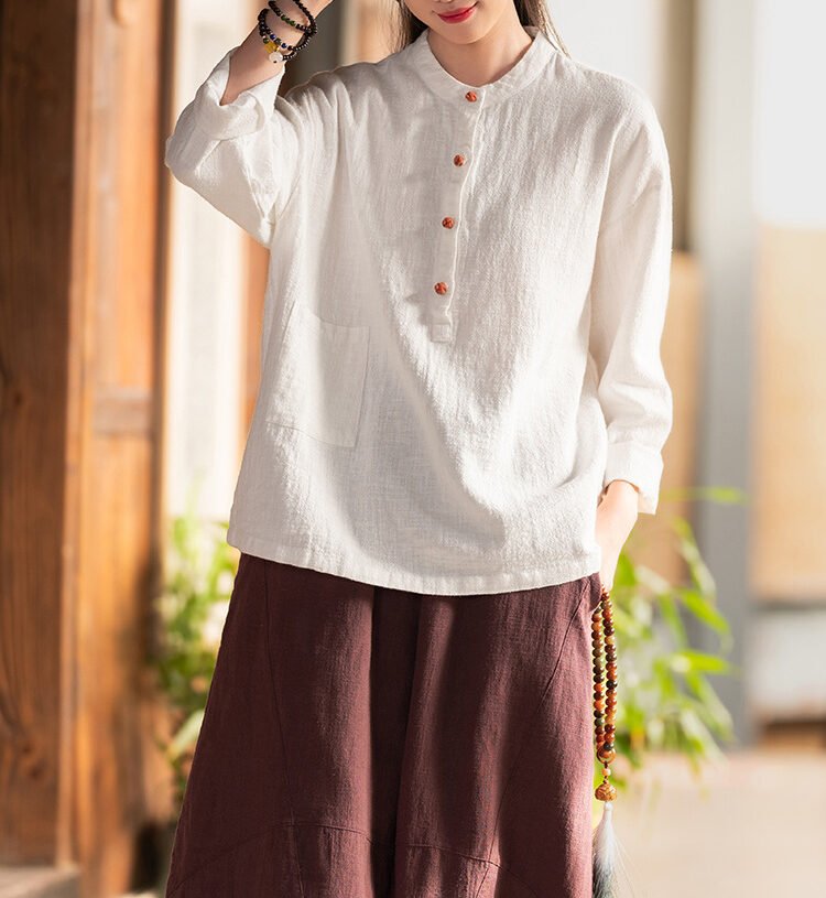 Cotton and linen women's stand collar color-block button-up pullover shirt in large size