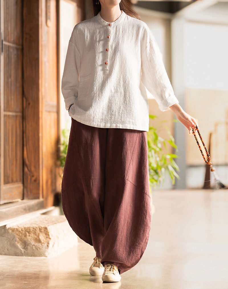 Cotton and linen women's stand collar color-block button-up pullover shirt in large size