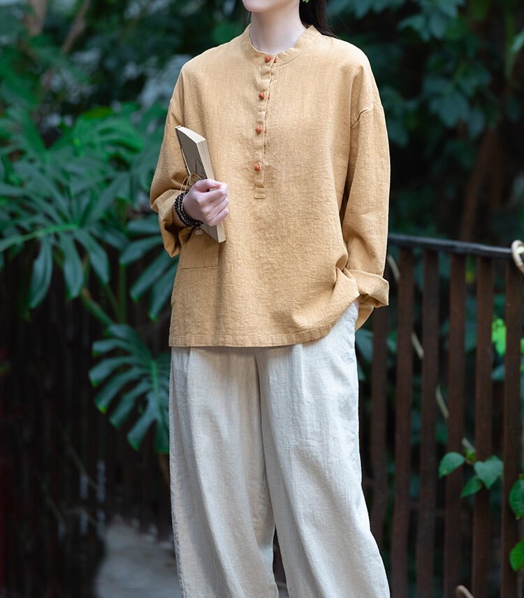 Cotton and linen women's stand collar color-block button-up pullover shirt in large size