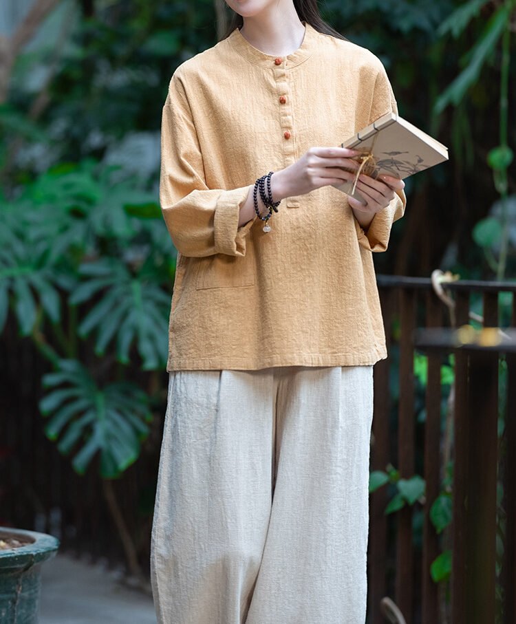 Cotton and linen women's stand collar color-block button-up pullover shirt in large size