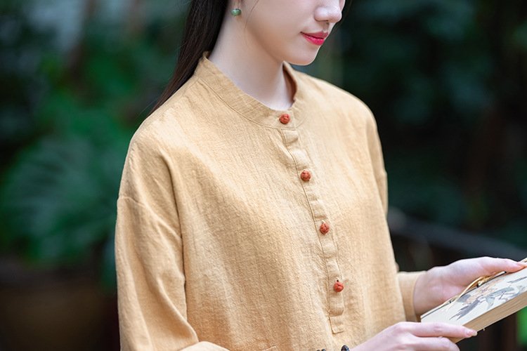 Cotton and linen women's stand collar color-block button-up pullover shirt in large size