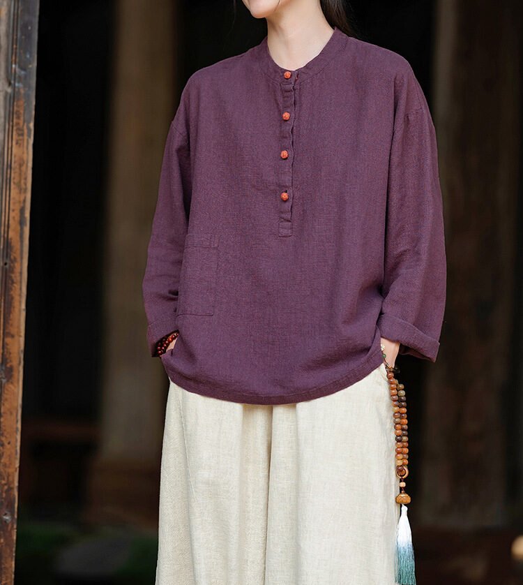 Women's Cotton and linen stand collar pullover shirt - 图片 18
