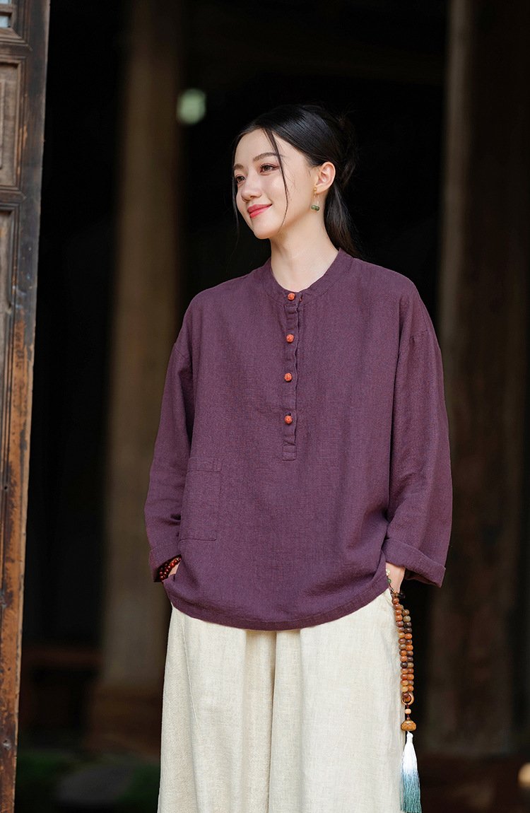Cotton and linen women's stand collar color-block button-up pullover shirt in large size