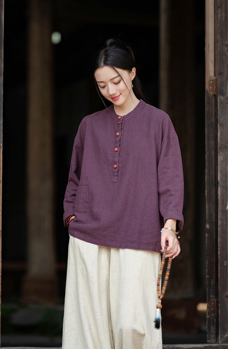Cotton and linen women's stand collar color-block button-up pullover shirt in large size