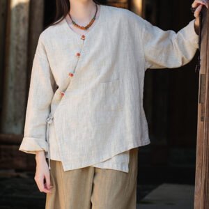 New Chinese-style ramie female top with oblique placket and plate buttons