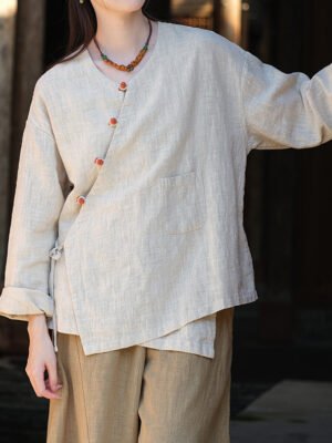 New Chinese-style ramie female top with oblique placket and plate buttons