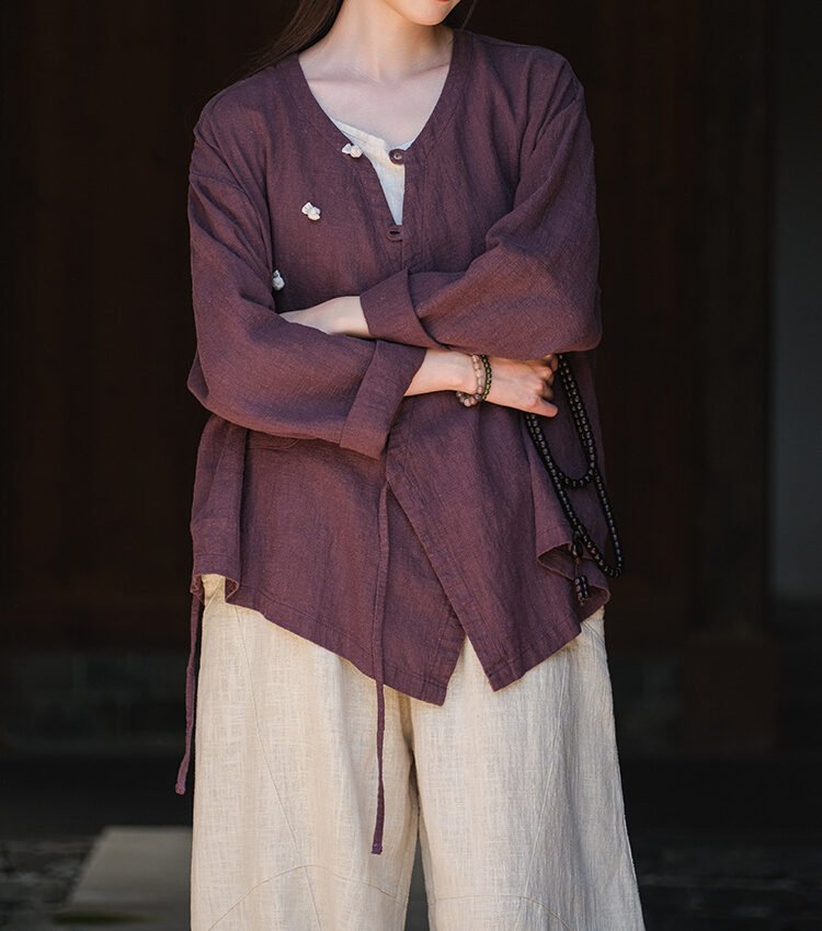 New Chinese-style ramie female top with oblique placket and plate buttons