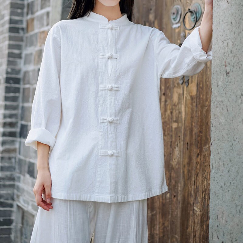 Women's cotton and linen Chinese-style stand collar button-up Tai Chi suit