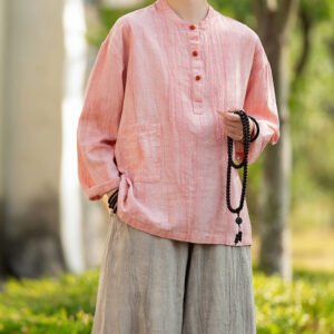 Women's cotton and linen stand collar button-up long-sleeved T-shirt