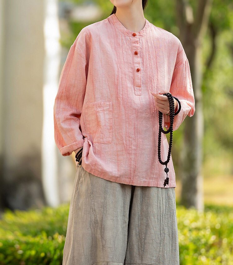 Women's cotton and linen stand collar button-up long-sleeved T-shirt