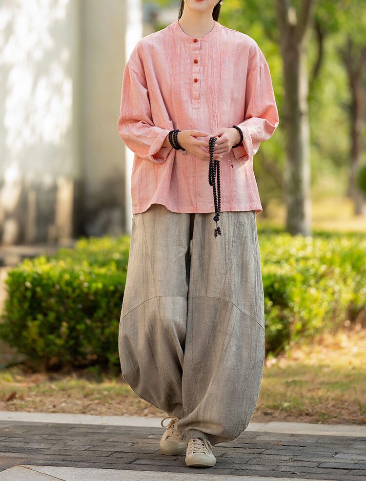 Women's cotton and linen stand collar button-up long-sleeved T-shirt