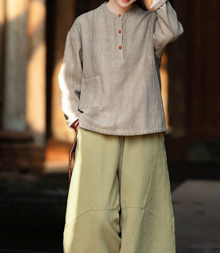 Women's cotton and linen stand collar button-up long-sleeved T-shirt