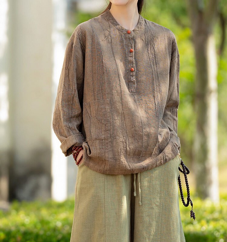 Women's cotton and linen stand collar button-up long-sleeved T-shirt