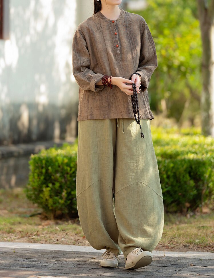 Women's cotton and linen stand collar button-up long-sleeved T-shirt