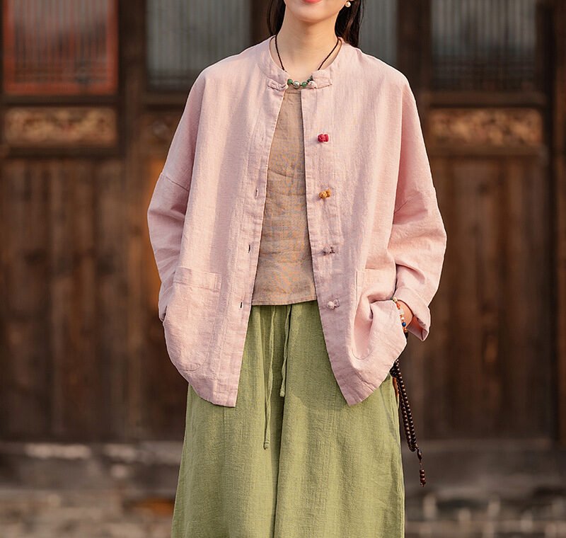Women's ramie Chinese-style stand collar cardigan