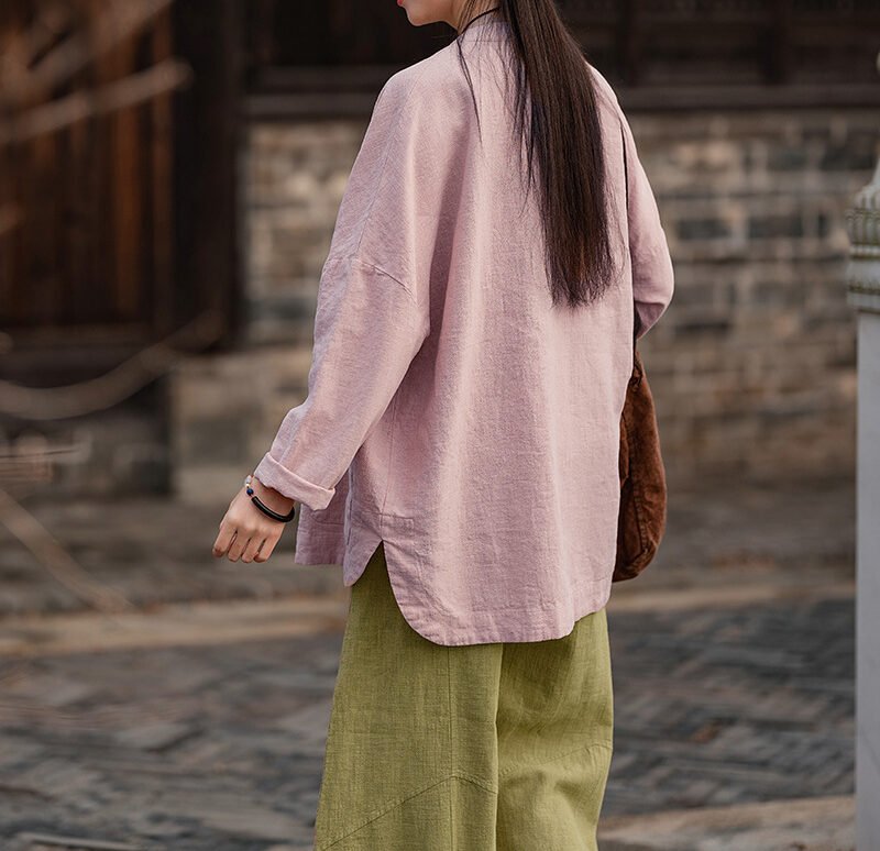 Women's ramie Chinese-style stand collar cardigan