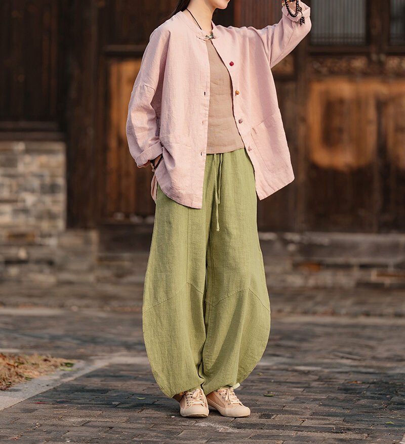 Women's ramie Chinese-style stand collar cardigan